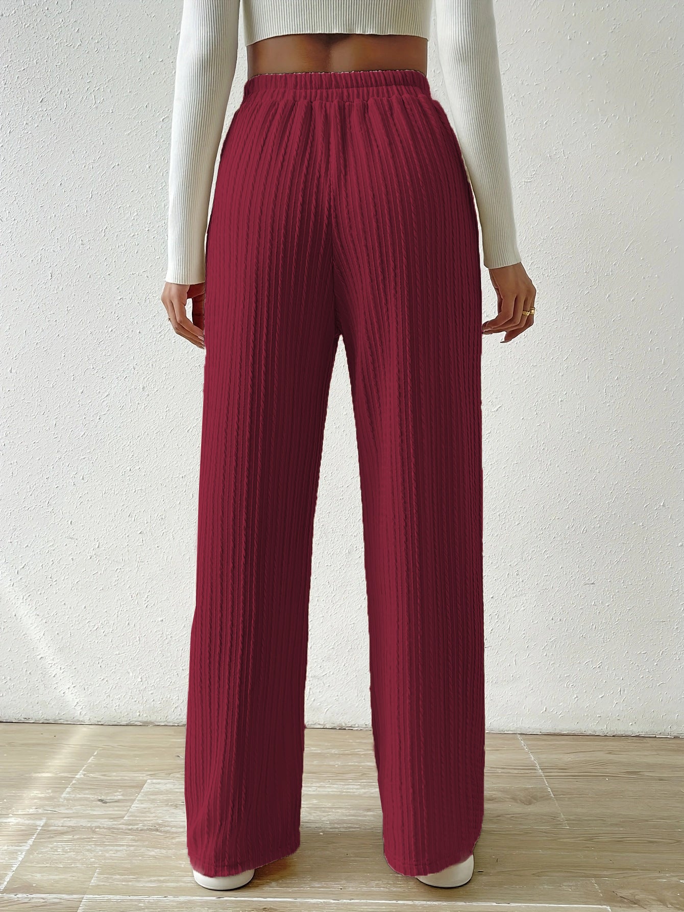 Knot Waist Texture Knitted Wide Leg Trousers Women's Clothing