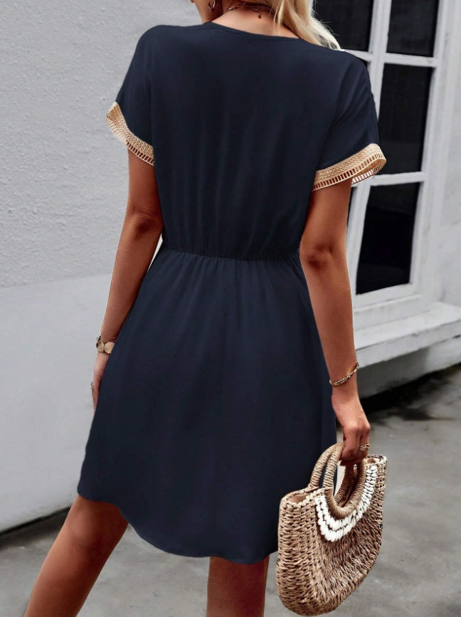 Women Stylish Summer V-Neck Fringed Belted Dress