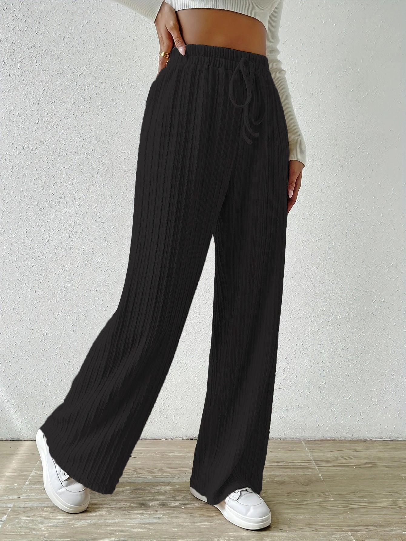 Knot Waist Texture Knitted Wide Leg Trousers Women's Clothing