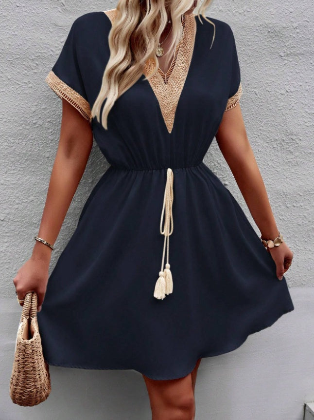 Women Stylish Summer V-Neck Fringed Belted Dress