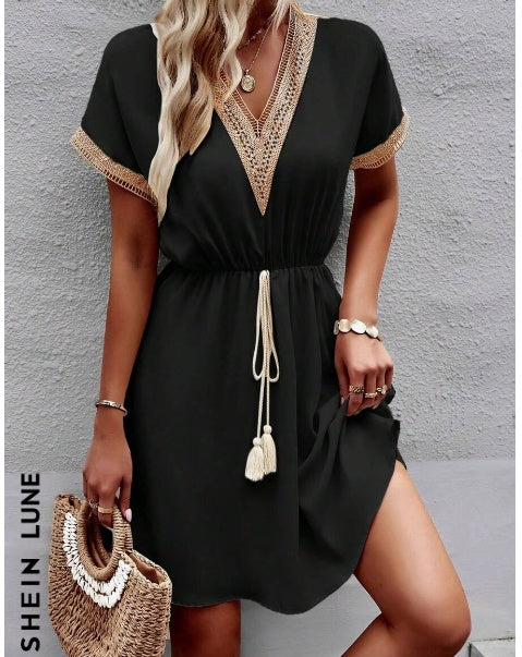 Women Stylish Summer V-Neck Fringed Belted Dress