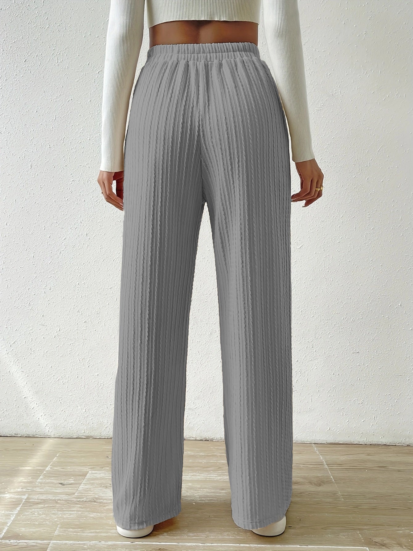 Knot Waist Texture Knitted Wide Leg Trousers Women's Clothing