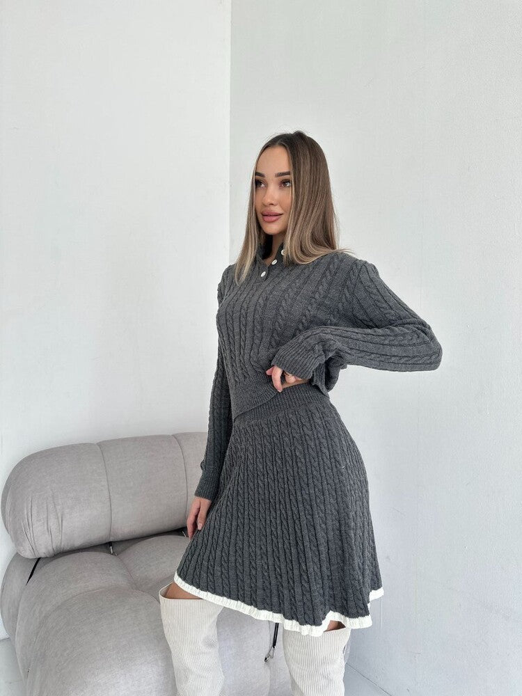 Long Sleeve Knitted Button Sweater Dress Suit Women